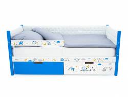 Кровать-тахта Svogen мягкая с ящиками и бортиком с фото синий/львята
