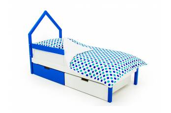 Кровать-домик мини Svogen с ящиками и бортиком сине-белый