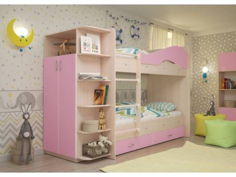 Двухъярусная кровать со шкафом Мая латофлексы розовый