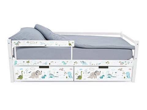Кровать-тахта Svogen с ящиками и бортиком с фотопечатью белый/динозаврики