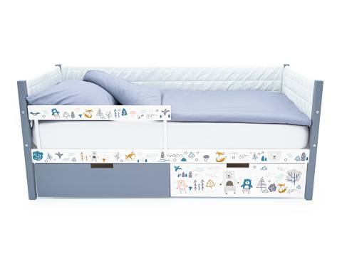 Кровать-тахта Svogen мягкая с ящиками и бортиком с фото графит/мишки