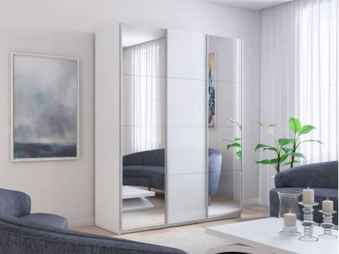 Шкаф-купе Прайм 3-х дверный 2100 Зеркало/Стекло Белое/Зеркало Белый Снег